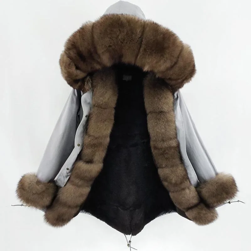 Женская Повседневная парка длинная теплая с воротником из натурального Лисьего