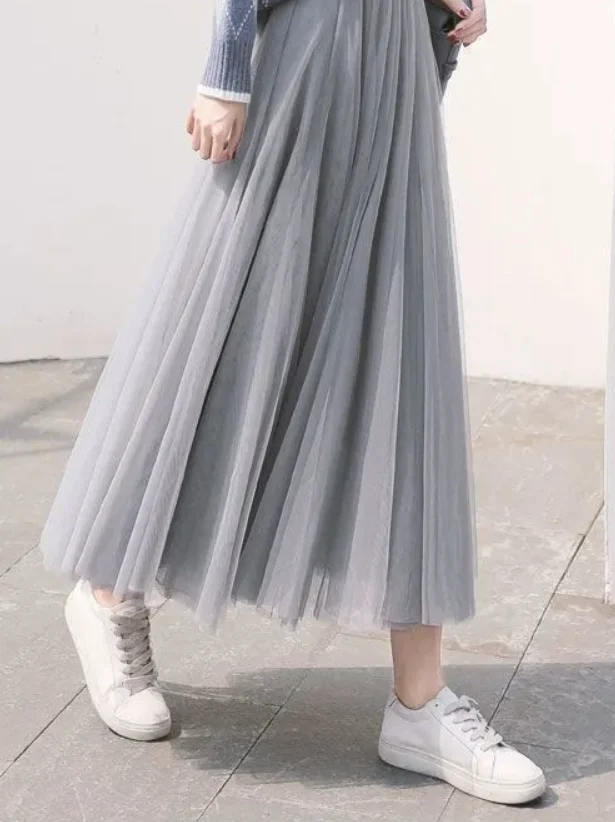

Женская сетчатая юбка с высокой талией, длинная Плиссированная Юбка-пачка из эластичного фатина в винтажном стиле, весна-лето 2021