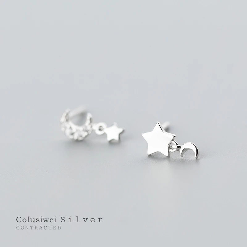 

Colusiwei Authentic 925 Sterling Silver Star Moon Asymmetric Small Stud Earrings for Women Clear CZ Earrings Korea Jewelry