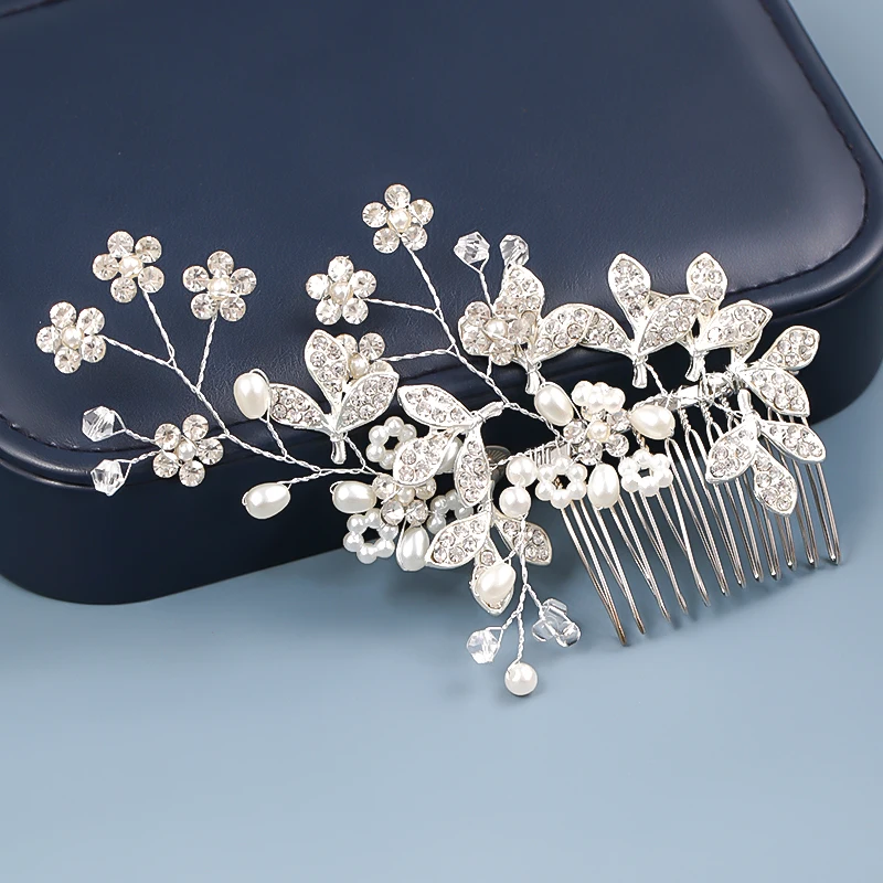 Серебристые жемчужины горный хрусталь для волос расчески женские Украшения