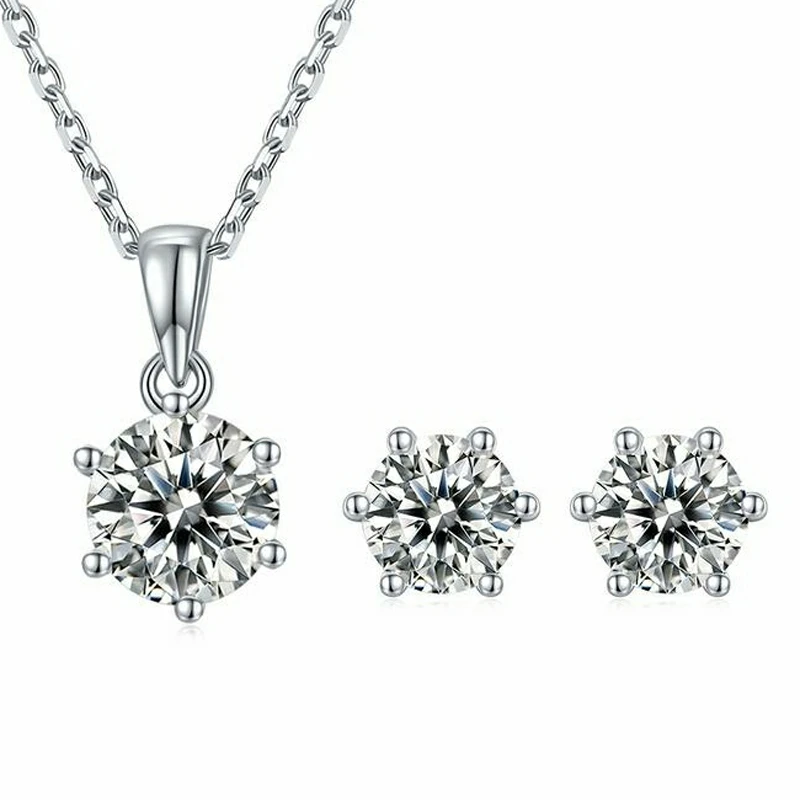 

OTIY Luxry Sterling Silver Necklace Wedding Engagement Diamond Jewelry Set White Gold Round VVS Moissanite Women Luxry Earring