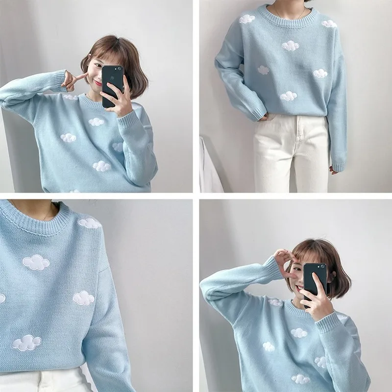 

New Lady Kawaii Sweater College style lovely cloud pattern loose chunky Harajuku long sleeve women's sweater