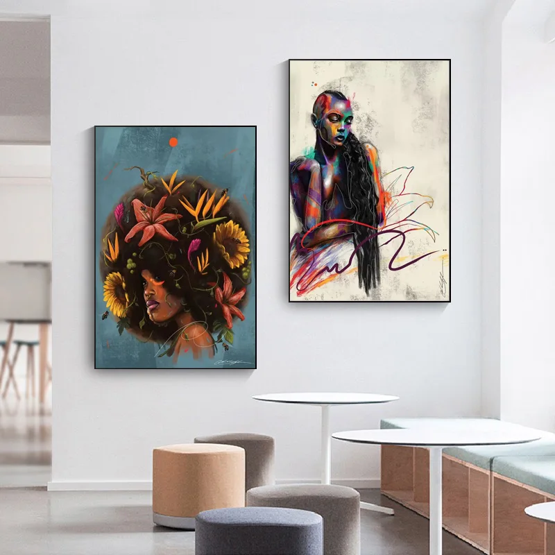 

Canvas Painting Abstract African Woman Wall Art Plant Flower Girl Poster Print Wall Picture for Bedroom Home Interior Decoration
