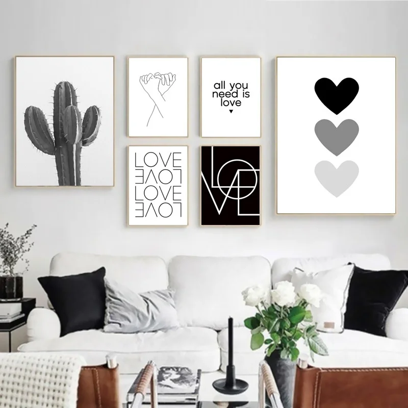 

Black White Gray Canvas Painting Cactus Love Heart Quotes Prints Nordic Posters Scandinavian Wall Pictures For Living Room Decor