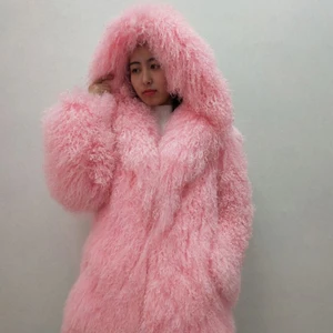 Женские настоящие монгольские овцы, шуба с капюшоном, Пляжная шерсть, мех средней длины, пальто из овчины, зимняя меховая верхняя одежда, Женская куртка