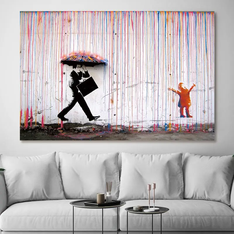 Banksy красочные дождь стены искусства холст картина домашний декор, произведение искусства плакаты и принты настенные картинки без рамки