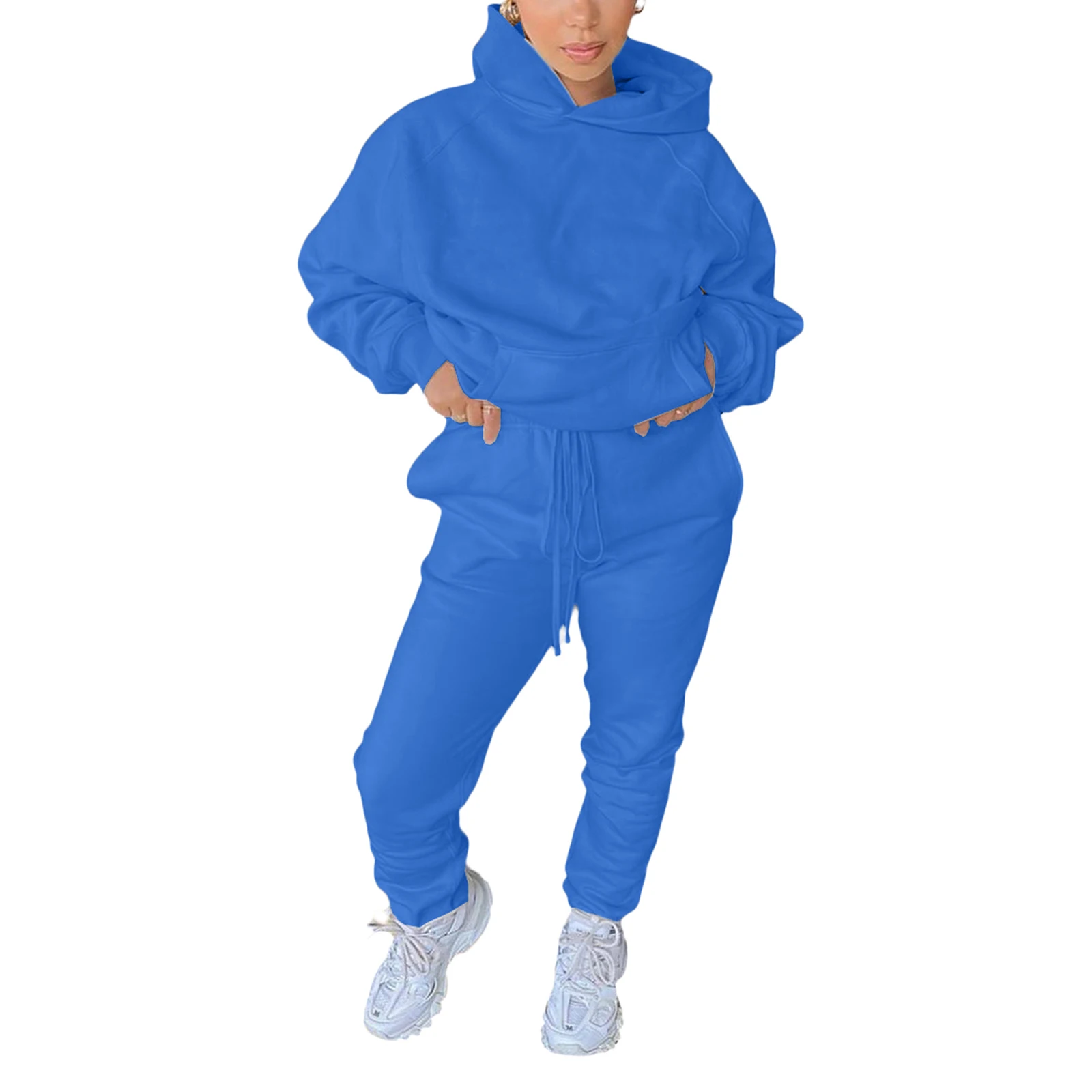 

2021 Women 2PCS Casual Tracksuits Lady Casual Solid Color Loose Sweater Hoodie With Pocket Drawstring Elastic Waist Pants Set