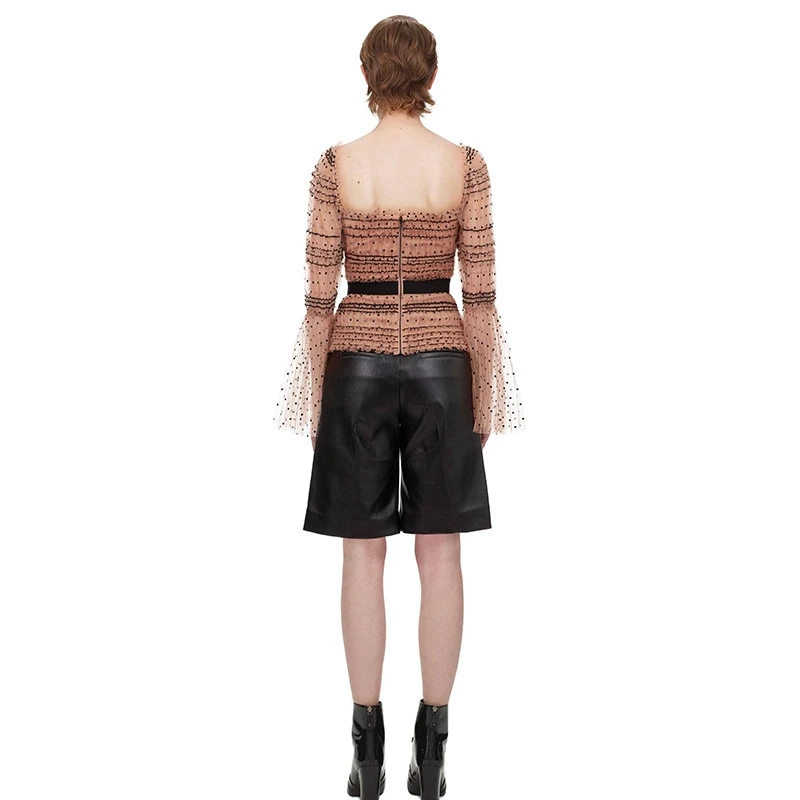 2020 Весенняя женская мода топ с роговыми рукавами кружевная рубашка в горошек