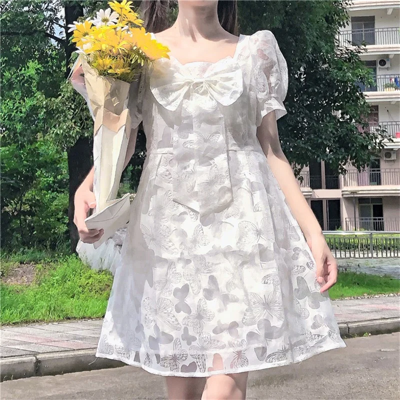 

2020 Summer Princess Bow Collar Gauze Puff Sleeve Sweet Kawaii Lolita Style Mori Girly White Fairy Women Dresses Female Vestidos