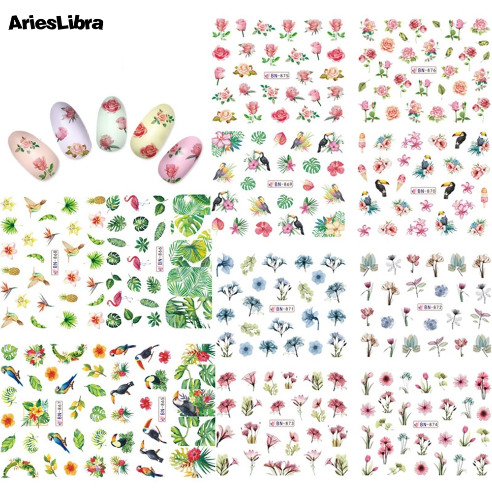 Наклейки AriesLibra для дизайна ногтей серия с фламинго и цветами переводные наклейки