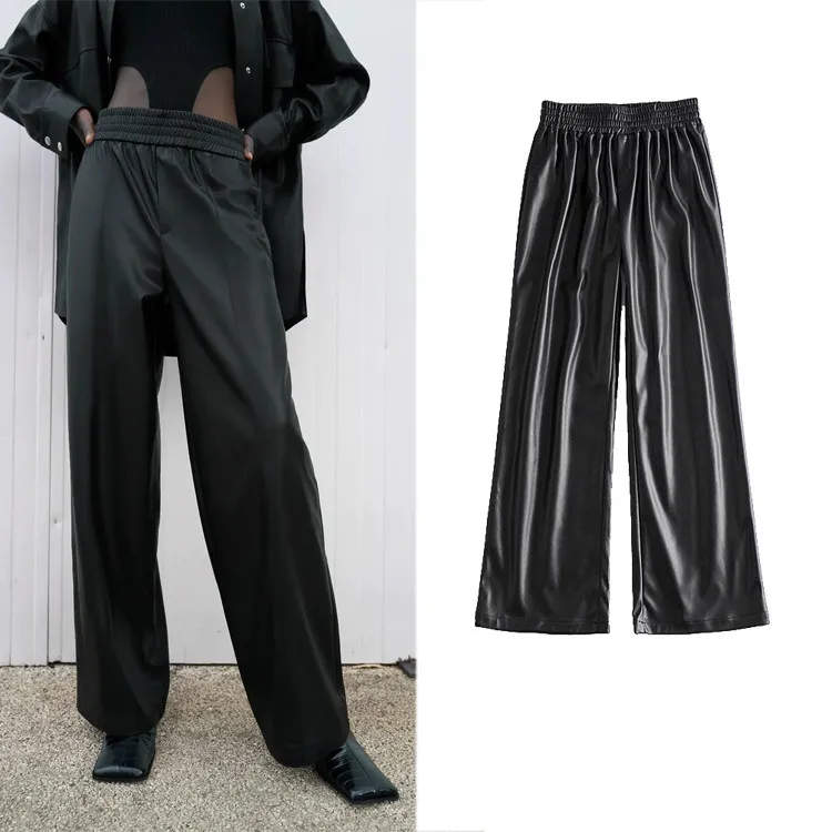 High Elastic Wasit Faux Leather Wide Leg Pants Women Classic Black Loose Casual Moto&Biker Trousers Pantalon Pour Femme