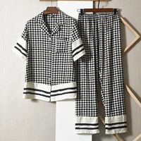 2pcs pjs sets with trousers satin houndstooth pajamas printed summer nightwear button down lingerie lapel sleepwear lounge wear