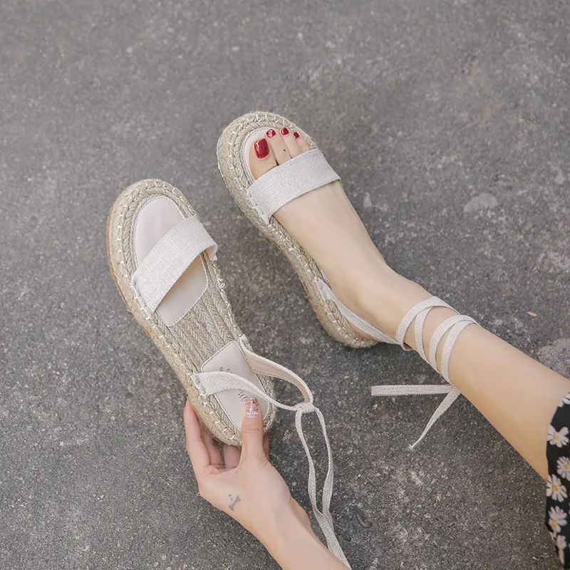 

High Heel Sandal for Women Shoes Lady 2021 Muffins shoe Suit Female Beige High-heeled New Girls Flat Handmade Lace Up Bohemian C