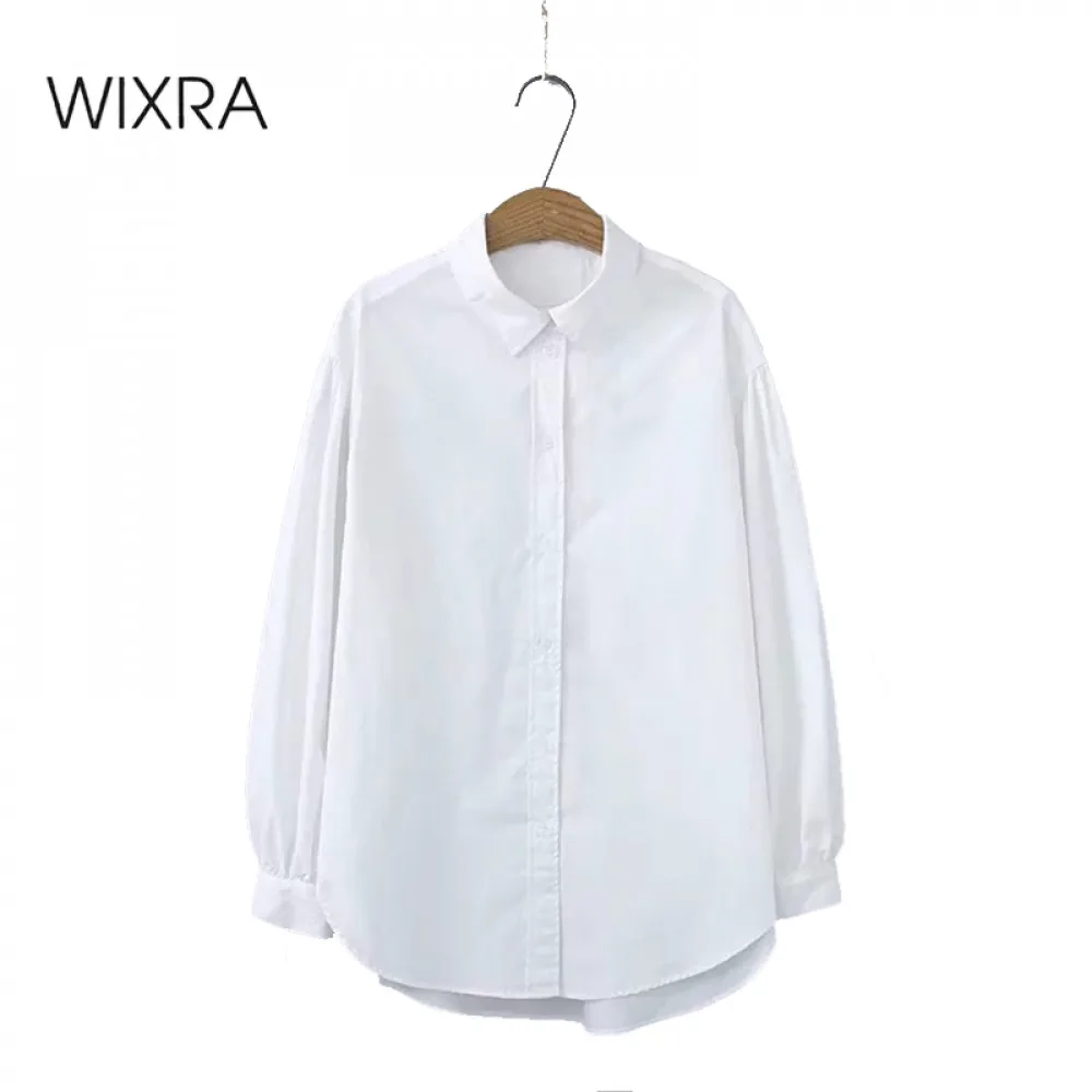 Wixra Женские однотонные белые рубашки из хлопка с длинным рукавом Повседневная