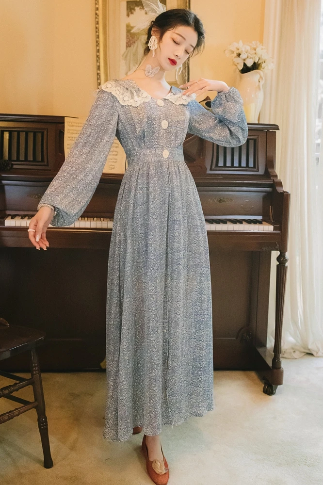 

YAMDI a-line party vintage long sleeve dresses women 2020 boho spring summer luxury elegant dress runway peter pan collar vestid