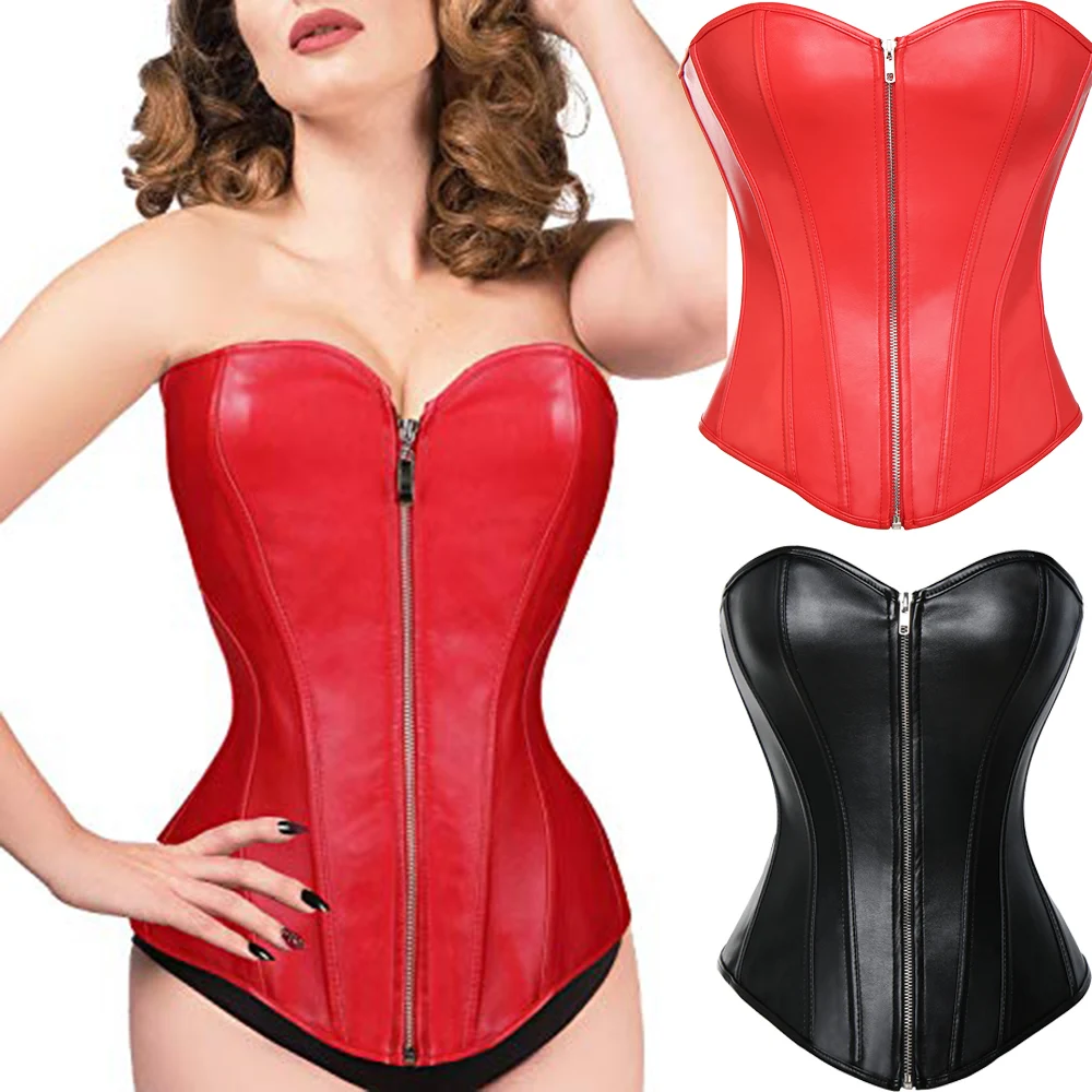 

Corset Mujer Sexy Plus Size Black Leather Corset Gothic Overbust Steampunk Top Lace up Zipper Plastic Boned Corsets