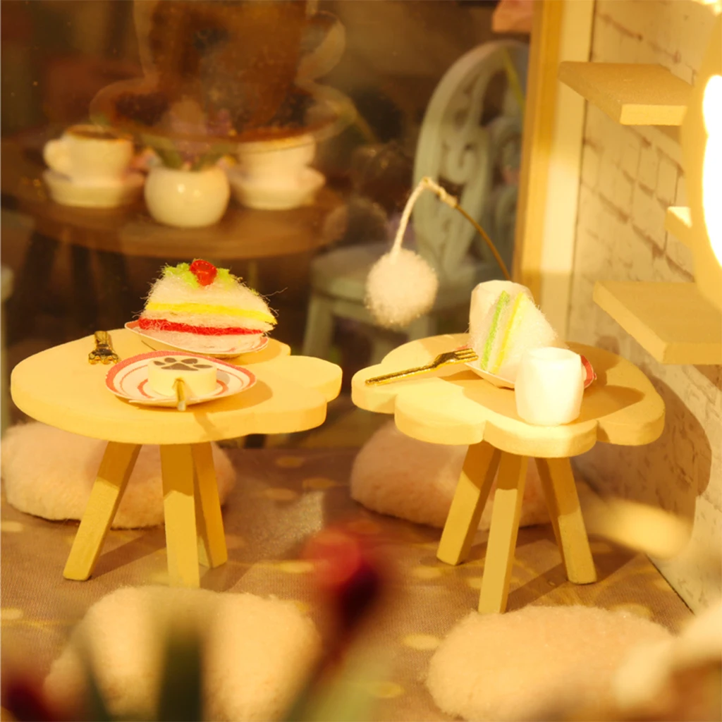 

Dollhouse Cat Coffee Shop Kit LED Light Wooden 3D Puzzles Self Assembly