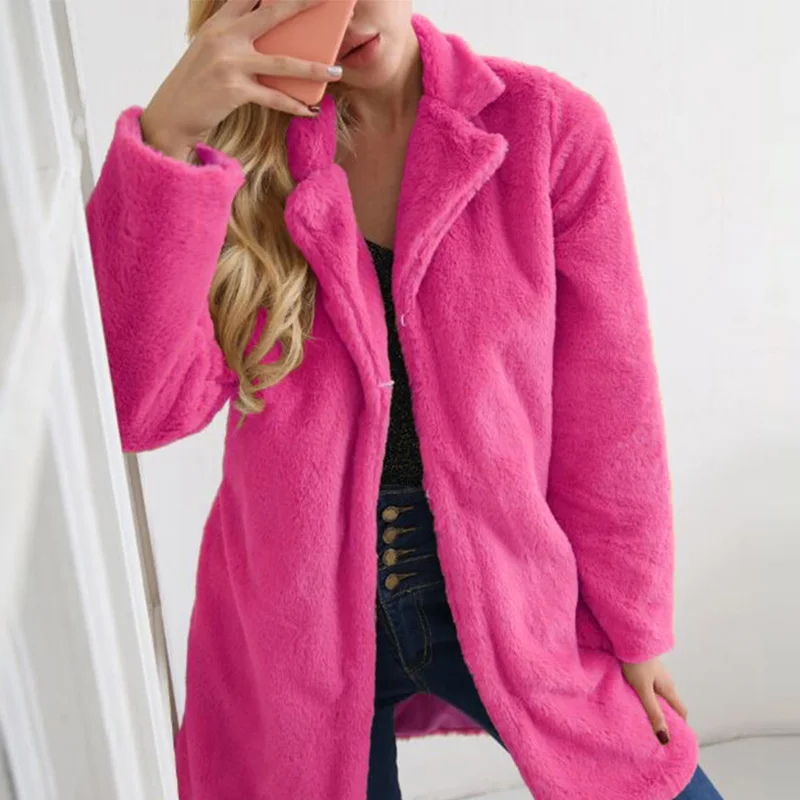 QUEVOON ярко розовые женские меховые пальто Fuax с отложным воротником на одной