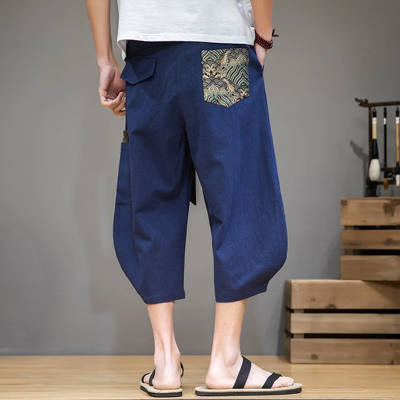 

Harajuku Men Style Streetwear Harem Pants 2021 Mens Summer Cotton Linen Embroidered Jogging Pants Male New Large Size M-5XL