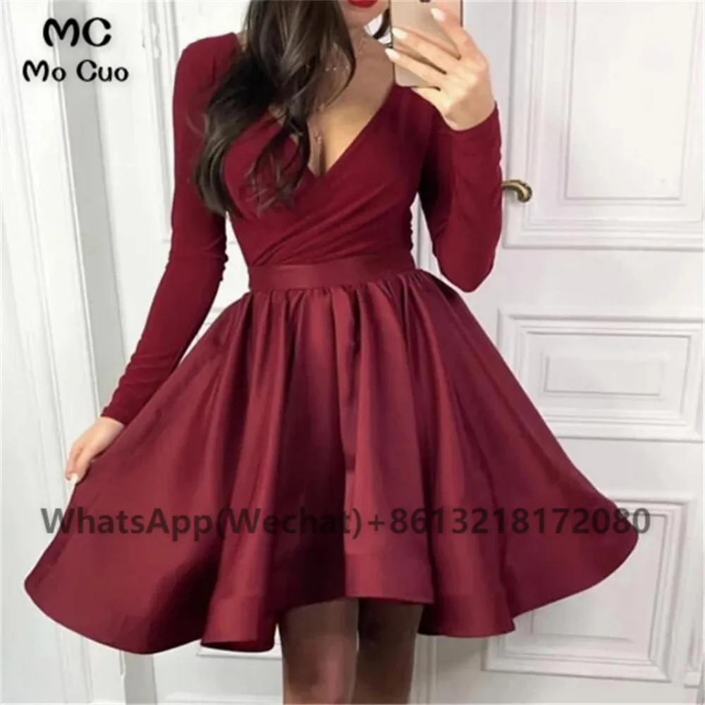 

Burgundy A-Line 2021 Long Sleeves Homecoming Dresses Short Satin Above Short V-Neck Cocktail Party Dress Short Homecoming Dress