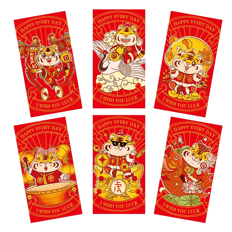 

6Pcs 2022 Chinese Zodiac New Year Red Envelopes Cute Cartoon Tiger Animal Print Lucky Festival Money Pockets Party Supplies