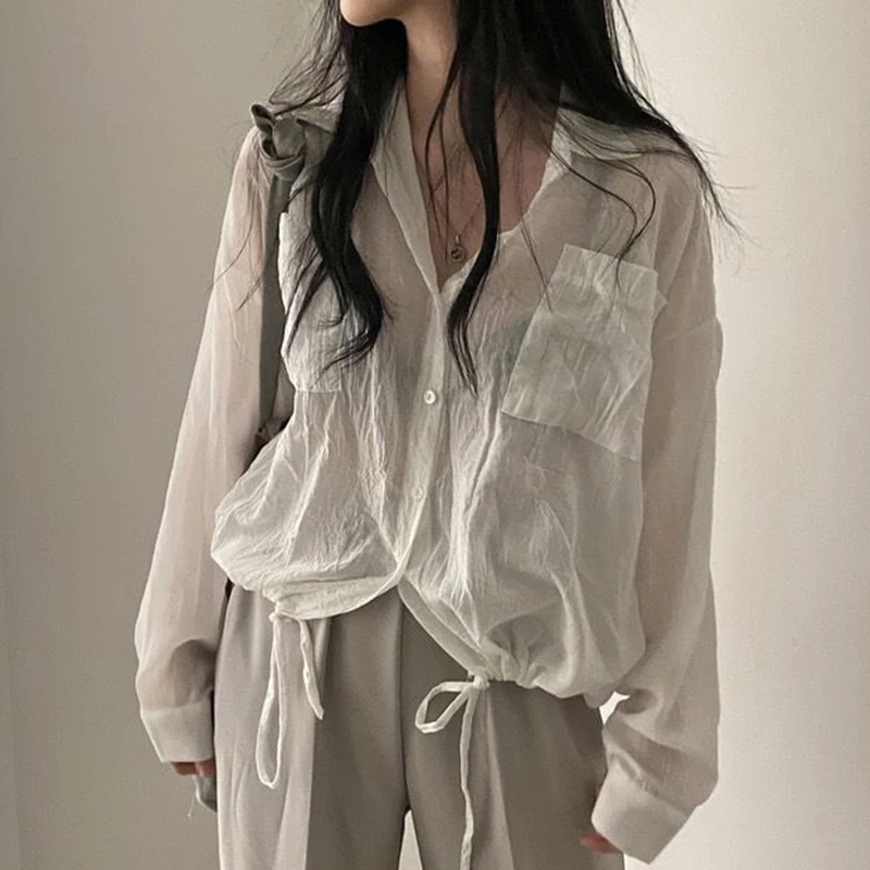 

Корейская Простая рубашка Hzirip с отложным воротником и длинными рукавами, женская белая популярная модная свободная Солнцезащитная рубашка...