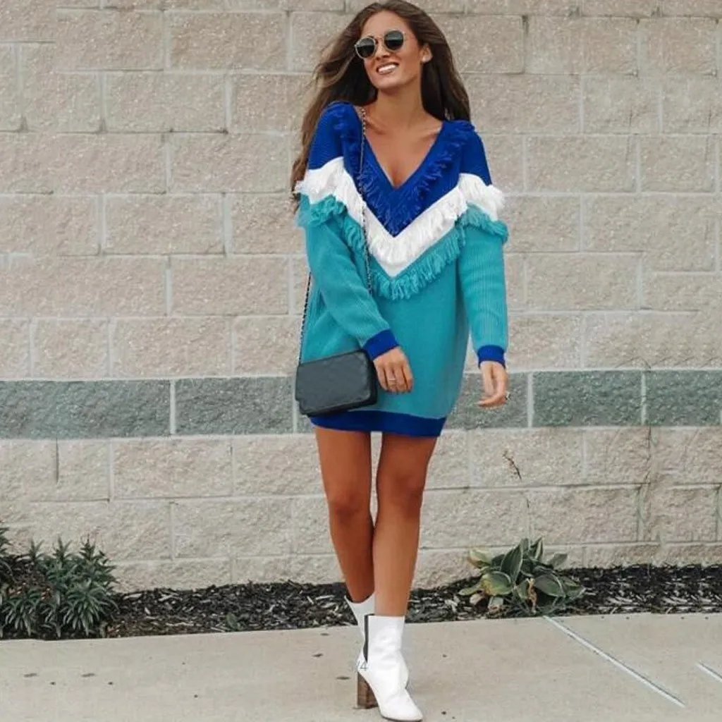 Sweater Dress Cable Knit Patchwork Fashion Women Deep V-Neck Tassels Color Block Loose Long Shirt Swearter Dresses | Женская одежда