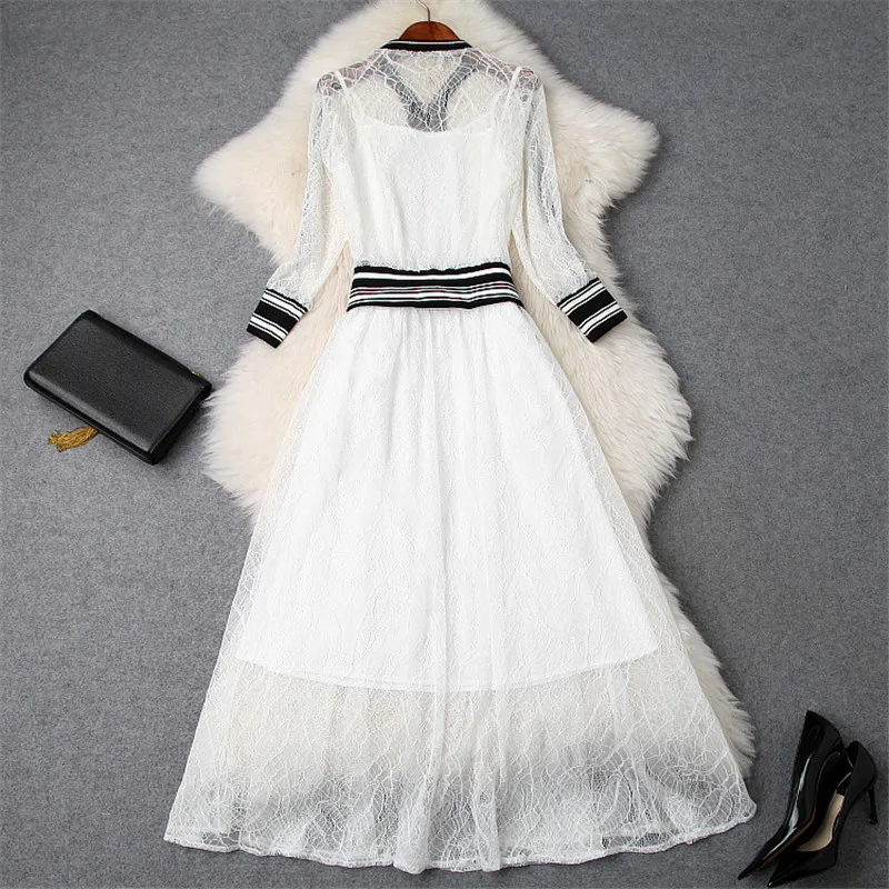 

New Designer 2019 Spring Fashion 2 Piece Skirt Suit Set Women's Long Sleeve See Through Zipper Lace Coat+Midi Tulle Skirt Sets
