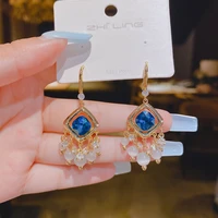 2021 new classic blue diamond cats eye square pendant earrings for woman temperament luxury face thin earrings jewelry gifts