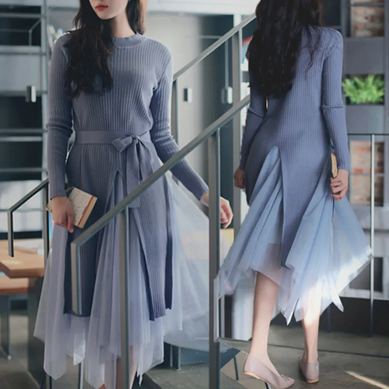 2019 Elegant Two pieces Knitted Sweater Dress Slim-fit Slim Mesh Skirt Piece Set fashionable Runway Suit |