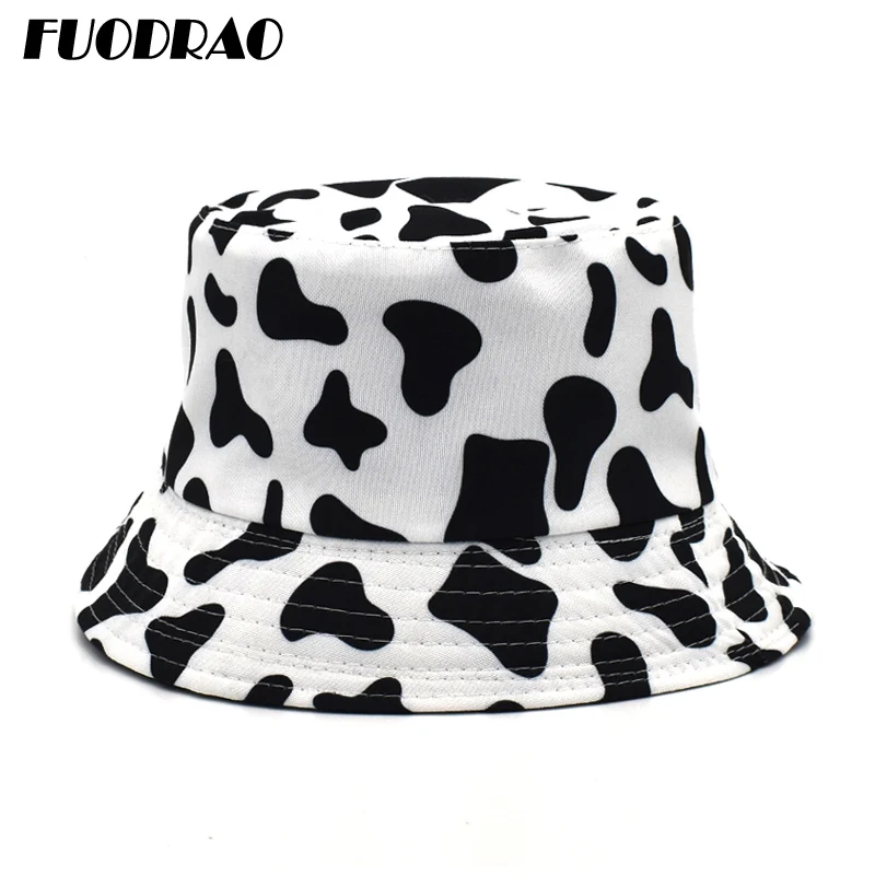 

FUODRAO Original New Reversible Bucket Hats Panama Women Fashion Black White Cow Pattern Fisherman Hat Summer Sun Hats M56