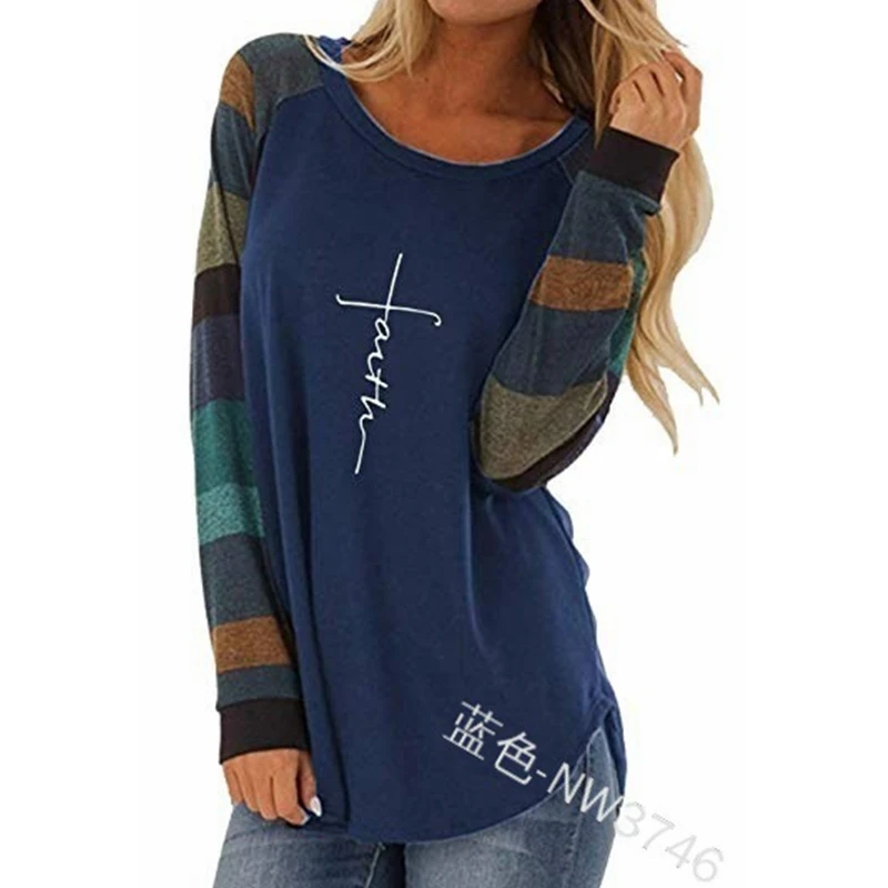 

WEPBEL Long Sleeve O-Neck T-shirt Women's Casual Striped Letters Printed Loose T-shirt Spring Autumn Stitching T-shirt Top