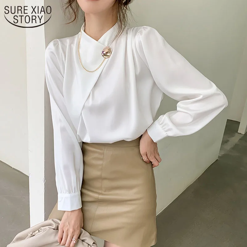 

Office Lady Stand Collar Solid Shirts Women 2021 New Elegant Chiffon Women Blouse and Tops Puff Sleeve Female Clothing 13105