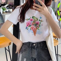 2021 flowers butterfly pattern printing whiteshort sleeve o neck cheap tee casual clothes top female t shirts