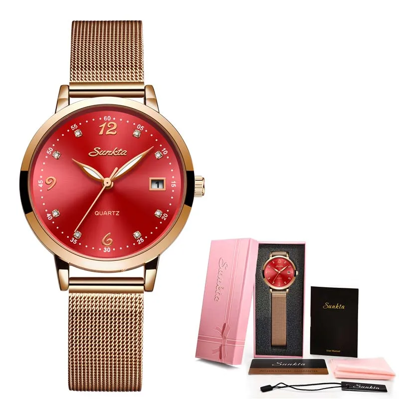 Rose gold red SUNKTA брендовые роскошные часы женские модные платья Кварцевые женские наручные часы из нержавеющей стали водонепроницаемые часы Relogio Feminino+ коробка - Цвет: Rose gold red