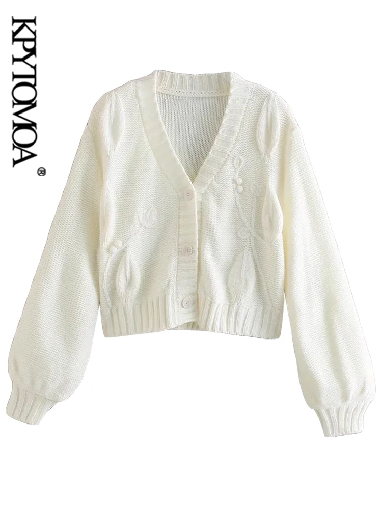 

KPYTOMOA Women Floral Jacquard Crop Knit Cardigan Sweater Vintage Long Sleeve Button-up Female Outerwear Chic Tops