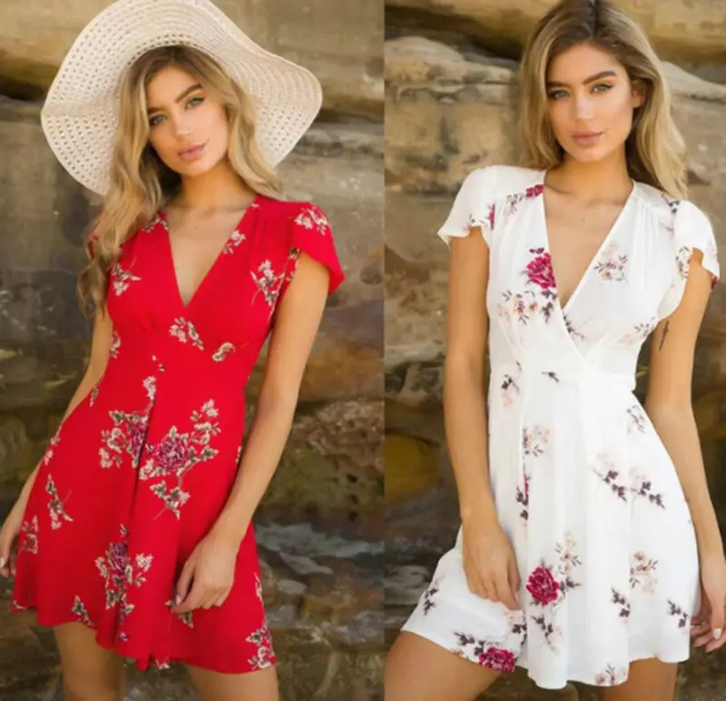 Женщины; Лето; в стиле бохо короткое платье Леди Vestido v-образным вырезом шифон шик праздник сладкий сексуальный красная повязка вечерние пляжные цветочные мини-сарафан
