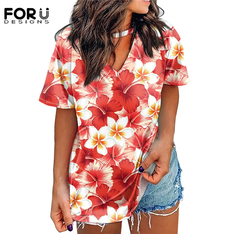 

FORUDESIGNS Summer Women Loose Tops Hawaiian Tropical Hibiscus Plumeria Ladies Elasticity V-Neck Clothing Camisa Anime Feminina