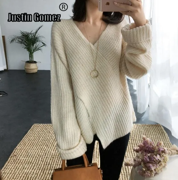 

Sweater Woman Winter 2021 Plus Size Loose Sweater V Neck Knitted Black Female Coat Knitwear Female Oversize Pullover Jumper