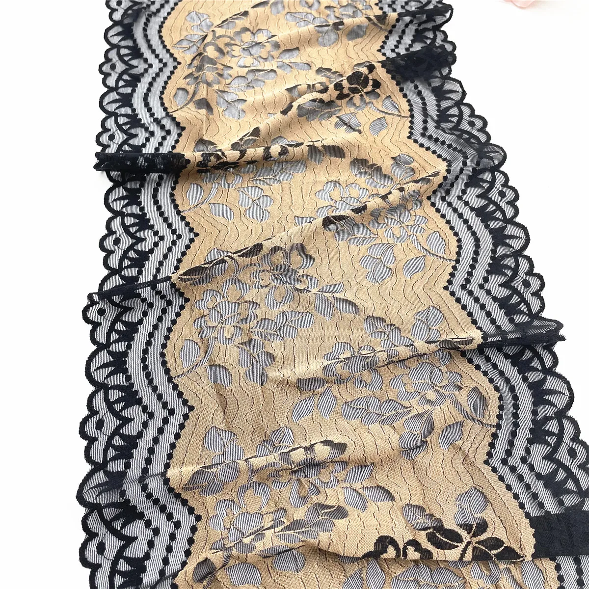 3 Ярд/партия, ширина 9, 3/4 дюйма (25 см), абрикосовая, черная эластичная кружевная отделка, нижнее белье, швейное ремесло, «сделай сам», ткань для ...
