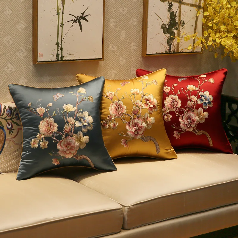 

High-end Classical Chinese Style Hibiscus Flowers Embroidered Throw Pillowcases Pure Color Blue Yellow Pillow Cover Sofa Decor
