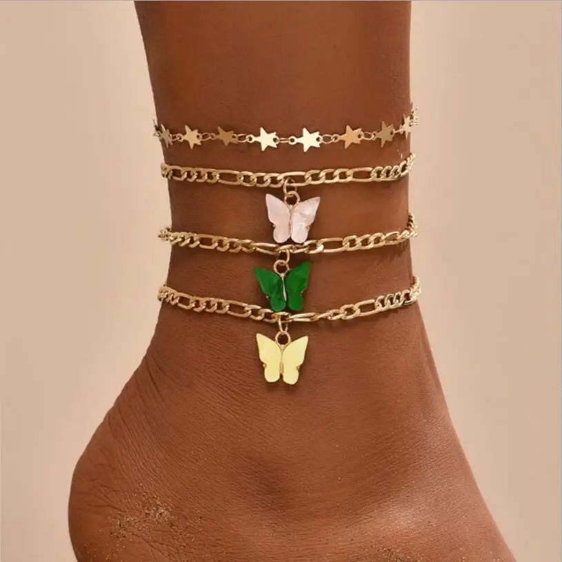 

Boho Star Chain Ankle Bracelet Set For Women Butterfly Charm Anklet On Leg Foot Jewelry Accessories S2330
