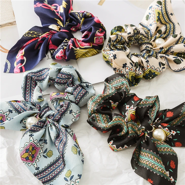 Женские шелковые резинки AOMU шифоновые с бантиком и жемчужным конским хвостом