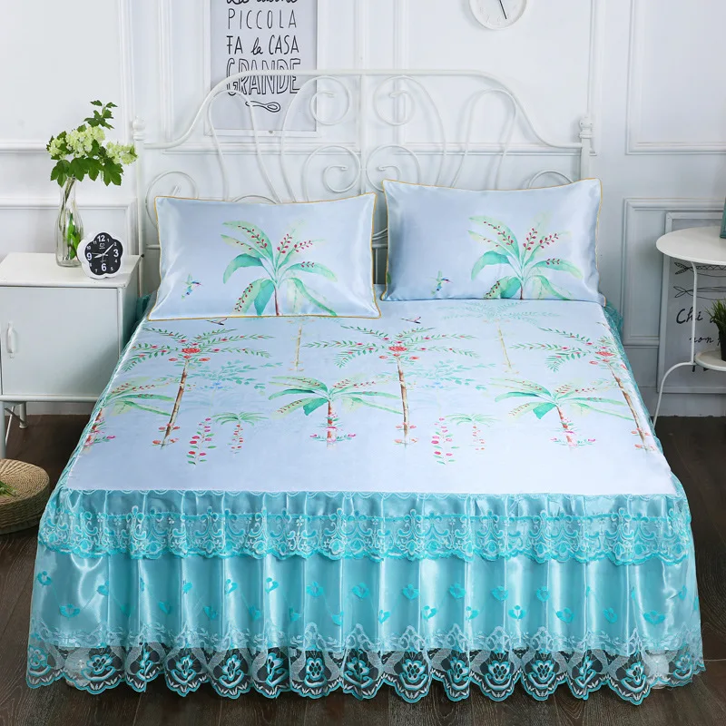 3 Pcs Cool Mat Lace Bed Skirt Ice Mat Modern Bed Spreads Skin Friendly Bedding Set Cloth for Queen King Size Bed with Pillowcase