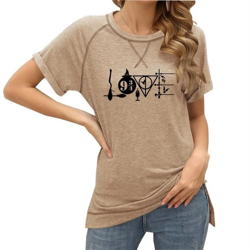 

New Summer Loose T-Shirt For Women Halloween LOVE Letter Print Hem Slit Tops Tees Harajuku Cute Casual Short Sleeves T-Shirt