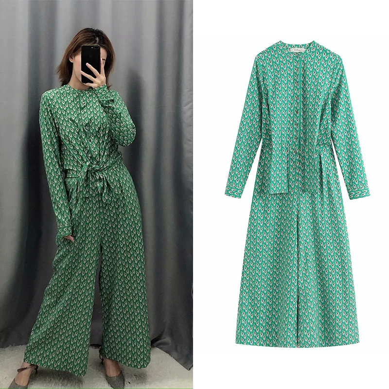 Женский комбинезон с высокой талией za повседневный зеленый цветочным принтом