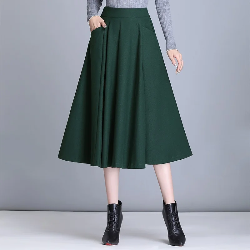 

Women Elegant A-Line Vintage Elastic High-Waist Fashion Casual Pure Color Mid-calf Skirt New Winter Autumn Umbrella Knee Skirt