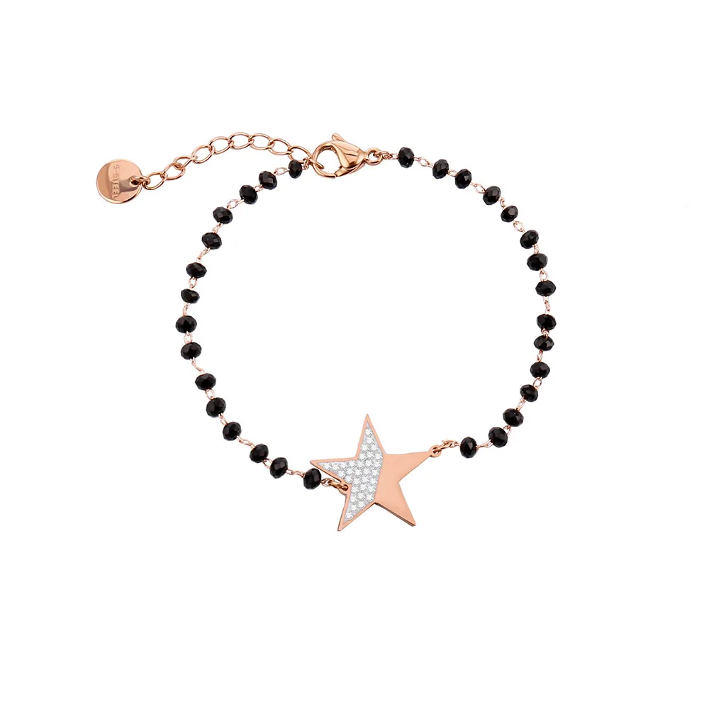 

Stainless Steel Rose Gold Crystal Star Charm Bracelet Black Crystal Beads Chain Steel Bracelet For Women 2021 Jewelry New Gifts