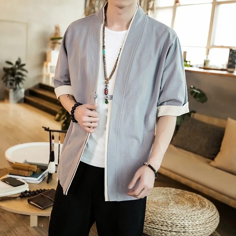 

Men Short Sleeve Shirt Button Kimono Cardigan Male Shirts Black Loose Teen Outwear