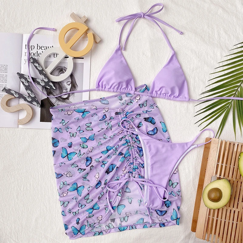 

Storyever Women's Swimwear 2021 Summer Beach Bandage Halter Bikini Set Ladies Split Swimsuit Three-Piece Suit